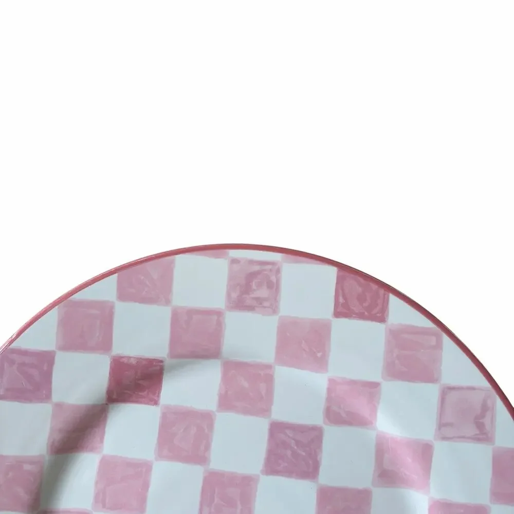 NEW Mackenzie-Childs Pink Check Dinner Plate 11in Portugal Stoneware